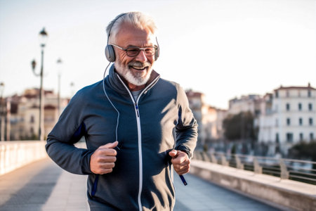 earphones sport mature lifestyle exercising caucasian fitness outdoors men old run. Generative AI.の素材