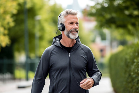 exercising run old outdoors caucasian lifestyle sport athletic earphones men fitness. Generative AI.の素材