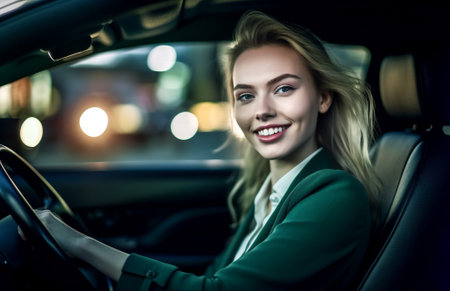 woman vehicle auto beauty white caucasian car happy business transportation driver. Generative AI.の素材