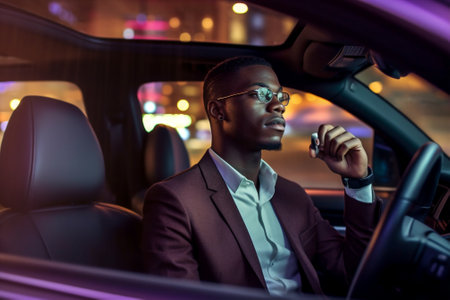 rental man corporate transportation car phone driver automobile adult businessman vehicle. Generative AI.の素材