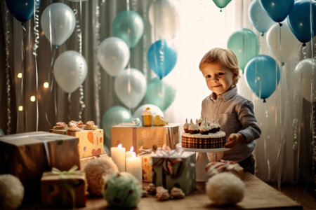 balloon boy childhood cute little blue children kid birthday party. Generative AI.の素材