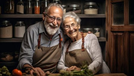 kitchen loving elderly cafe old senior couple together happy retired. Generative AI.の素材