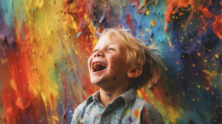 face portrait art joy childhood happiness cheerful fun paint children. Generative AI.の素材