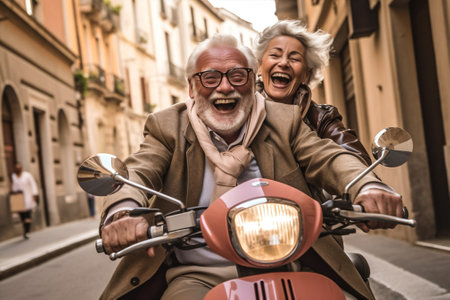 woman fun man cheerful city motorcycle smile caucasian friendship trip old bike. Generative AI.の素材