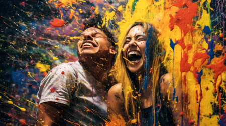childhood art children fun joy portrait face cheerful happiness paint. Generative AI.の素材