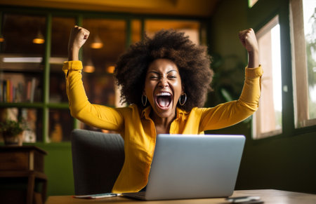 work woman computer laptop business happy achievement student winner news smile. Generative AI.の素材