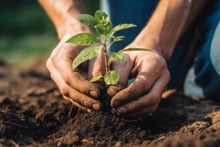 leaf gardening nature green spring planting hand growth tree agriculture. Generative AI.の素材