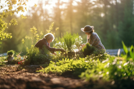 girls green family young nature garden kids planting sunlight summer. Generative AI.の素材