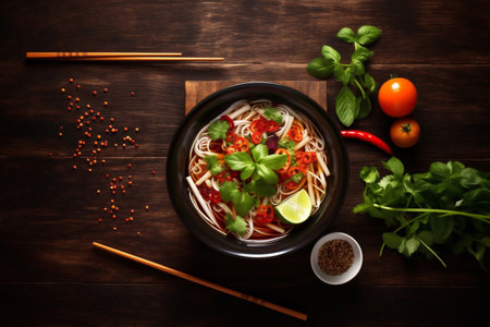 meal soup background broth vegetable noodle hot bowl japanese asian food. Generative AI.の素材