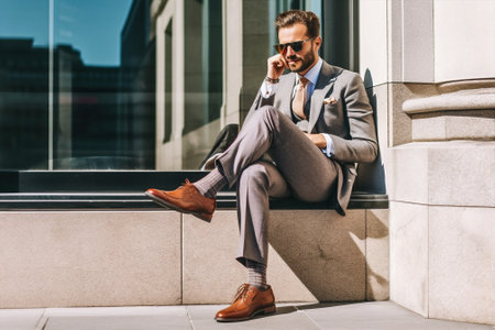city man portrait beard business urban phone fashion young lifestyle adult. Generative AI.の素材