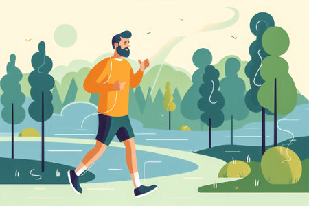 caucasian men summer fitness old earphones sport outdoors run lifestyle exercising. Generative AI.の素材