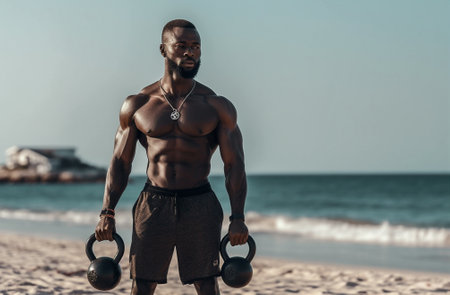 beach sports fitness workout men lifestyle fit exercise training athletic muscular. Generative AI.の素材