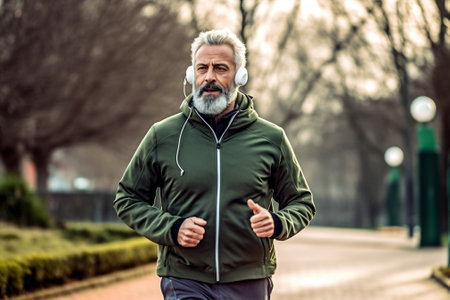 sport earphones motion fitness men old outdoors caucasian exercising run lifestyle. Generative AI.の素材