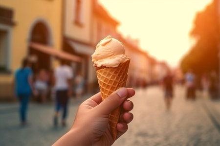 dessert street ice hold food sweet cone summer cold cream hand. Generative AI.の素材