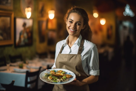 restaurant woman food standing portrait holding smile cook waiter indoors job. Generative AI.の素材