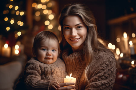 kid christmas holiday present gift new caucasian year family lights. Generative AI.の素材