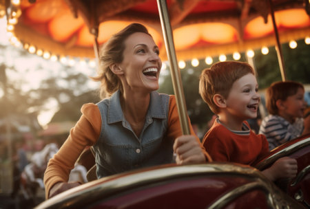 family happy rides fun girl roller laughter children outdoors coaster park. Generative AI.の素材