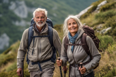 woman man togetherness male lifestyle leisure old backpack couple tourist outdoors nature. Generative AI.の素材