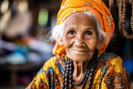 asian woman culture tribe senior traditional portrait ethnic old face smile. Generative AI.の素材