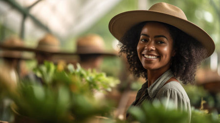 woman tropical greenhouse african lifestyle beauty hat curly trendy young american attractive. Generative AI.の素材