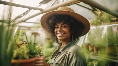 woman beauty tropical hat american curly attractive lifestyle african person trendy greenhouse. Generative AI.の素材