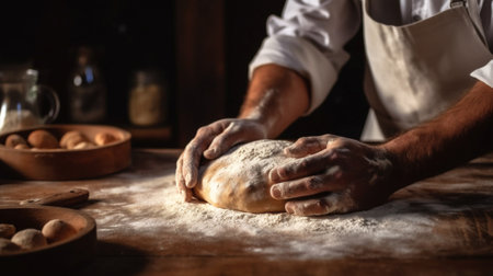 cook knead baker flour dough pastry food kitchen hands chef. Generative AI.の素材