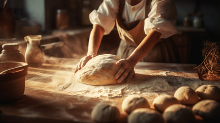dough flour hands knead chef pastry food cook baker kitchen. Generative AI.の素材