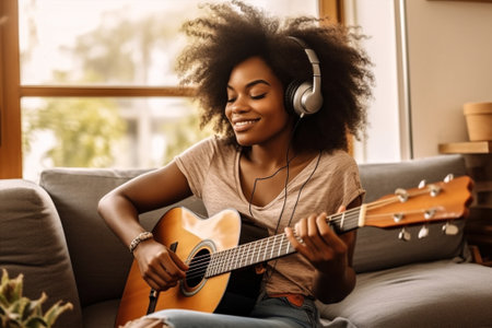 woman portrait teenager beauty attractive musical lifestyle guitar young home casual. Generative AI.の素材