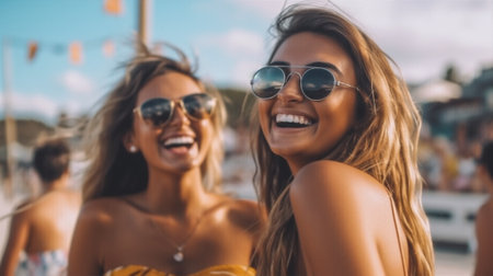 young happy summer joy fun beauty sunglasses lifestyle friendship friends. Generative AI.の素材