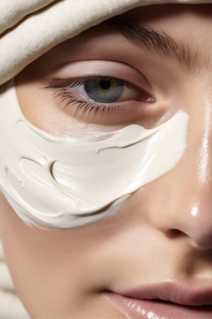 woman face caucasian beauty skin skin care close clean up portrait facial mask. Generative AI.の素材