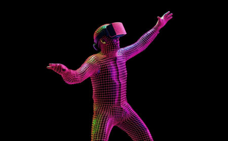 man digital virtual reality vr concept jump modern pink technology innovation. Generative AI.の素材