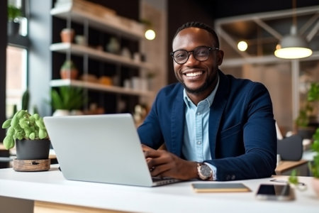 man using technology computer internet caucasian businessman business sitting laptop office. Generative AI.の素材
