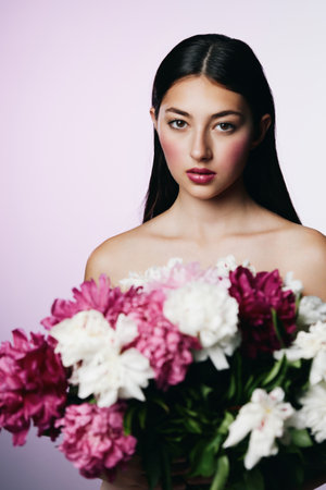 woman beauty pink portrait blush model flower make-up face girl conceptの写真素材