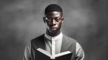 black happy african book portrait guy home sitting business technology men. Generative AI.の素材