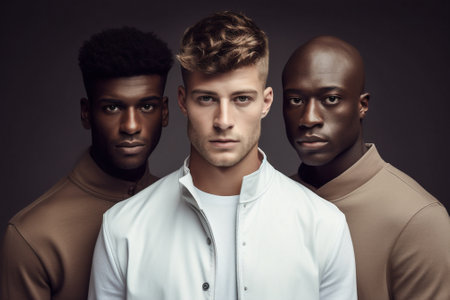 man fashion person friends group lifestyle portrait young trendy black studio. Generative AI.の素材