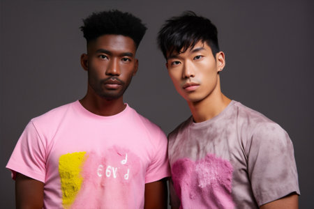 portrait man studio fashion group trendy pink friends black lifestyle success. Generative AI.の素材
