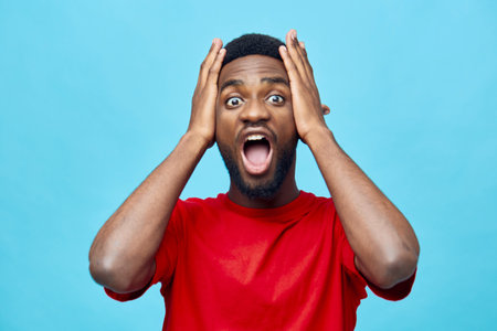 blue man fashion attractive red black grey background guy american african american portraitの写真素材