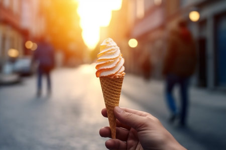 ice sweet cream street hand summer cold dessert hold food cone. Generative AI.の素材