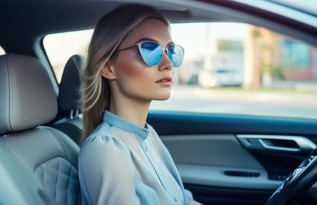 woman driver happy car caucasian transportation vehicle window beauty auto business. Generative AI.の素材