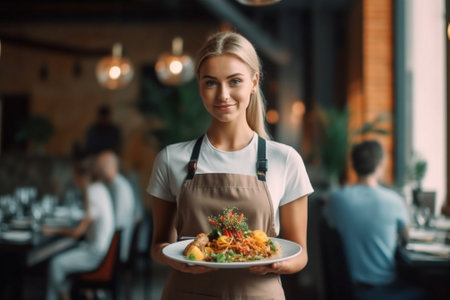 smile woman standing waiter holding indoors job portrait food restaurant people. Generative AI.の素材
