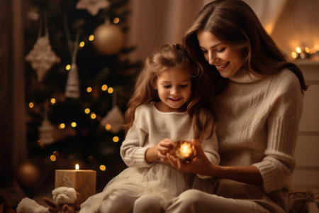 holiday lights christmas gift year new kid caucasian family present. Generative AI.の素材