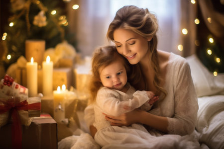 kid present year family christmas caucasian gift new lights holiday. Generative AI.の素材