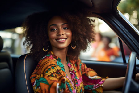 auto woman travel adult driver driving transportation car happy horizontal vehicle. Generative AI.の素材