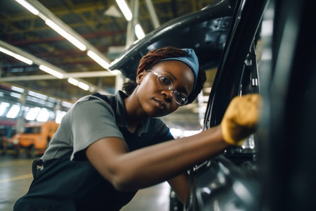 automobile woman american technician motor auto garage mechanic job african vehicle safety. Generative AI.の素材