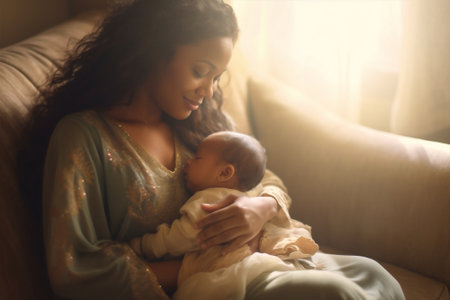 childhood woman american family mother girl daughter motherhood african home newborn baby. Generative AI.の素材