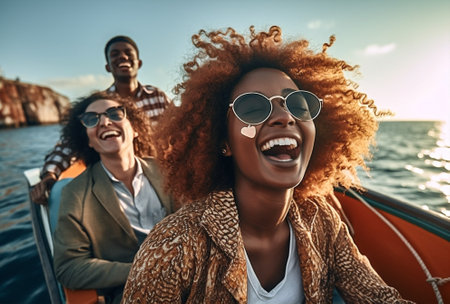 african happy friends young cheerful trip yacht boat lifestyle women summer. Generative AI.の素材
