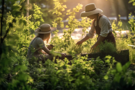 garden summer family nature planting sunlight young girls green kids. Generative AI.の素材
