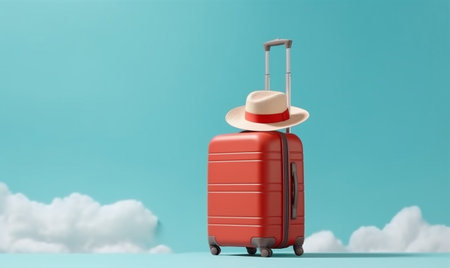 blue travel suitcase trip holiday baggage background journey tourism vacation hat. Generative AI.の素材