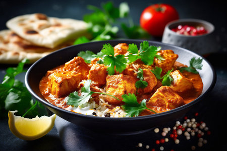 dark sauce chicken rice dinner indian traditional hot background masala asian. Generative AI.の素材