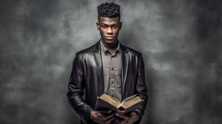 portrait student sitting guy men technology african black book business happy. Generative AI.の素材